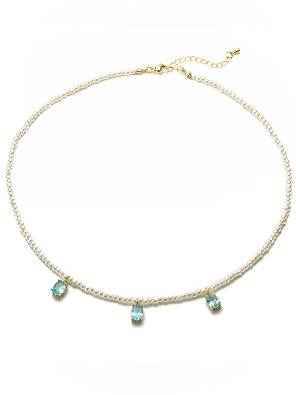 Gold Pearl Choker Necklace with Aqua Crystal Drops